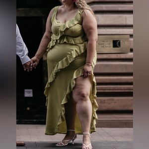 PrettyLittleThing Olive Ruffle Maxi Dress